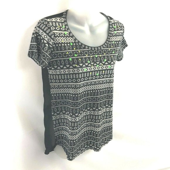 Bongo Sheer Hi Low Embellished Top Small Black Gray Short Sleeve - Picture 2 of 8